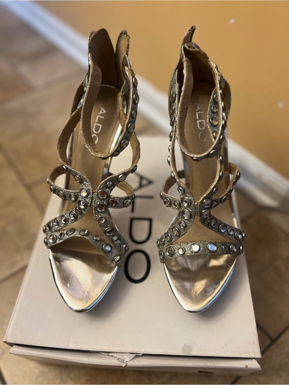 ALDO Silver Crystal-Embellished Strappy High Heels
